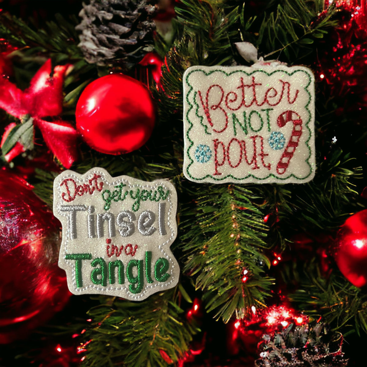 Don’t Get Your Tinsel In A Tangle or Better Not Pout Badge Reel + Topper